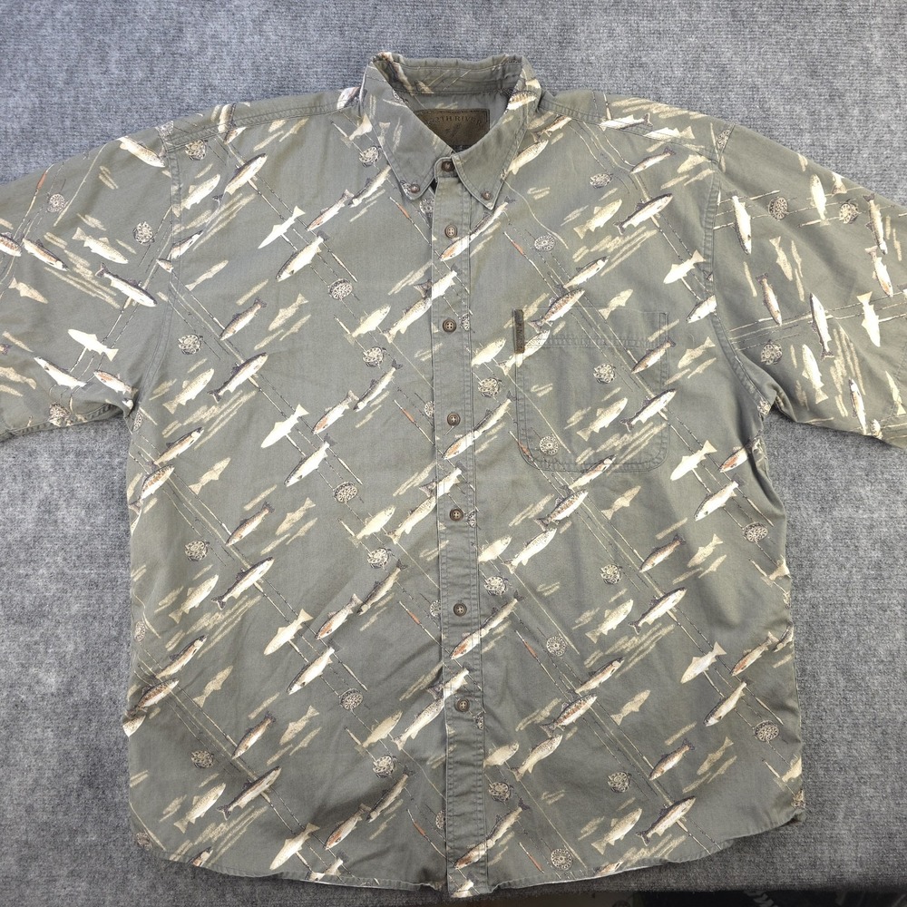North River Shirt Large Fly Fishing Trout‎ Short Sleeve Button Down Cotton